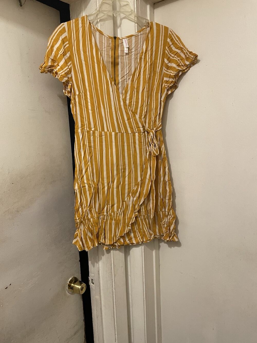 Mustard Yellow & White Striped Wrap Dress | Size Medium | Ruffle Hem